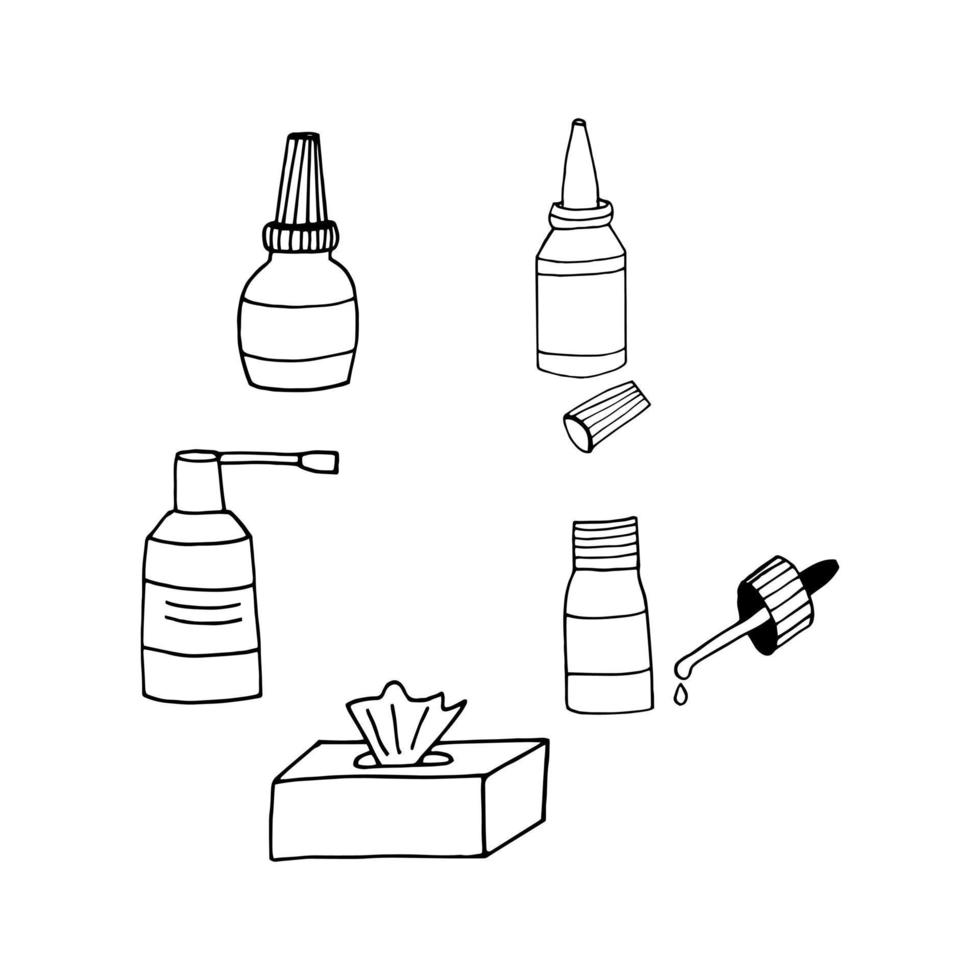 druppels in een fles met een pipet hand getrokken doodle. , scandinavisch, noords, minimalisme, zwart-wit. pictogram instellen. geneeskunde loopneus gezondheidsbehandeling vector