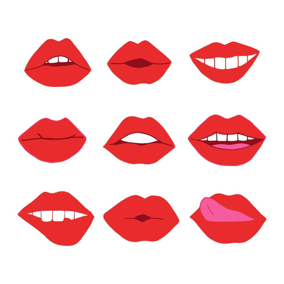 lippen met rode lippenstift ingesteld pictogram. mond illustratie hand getekend in cartoon-stijl vector