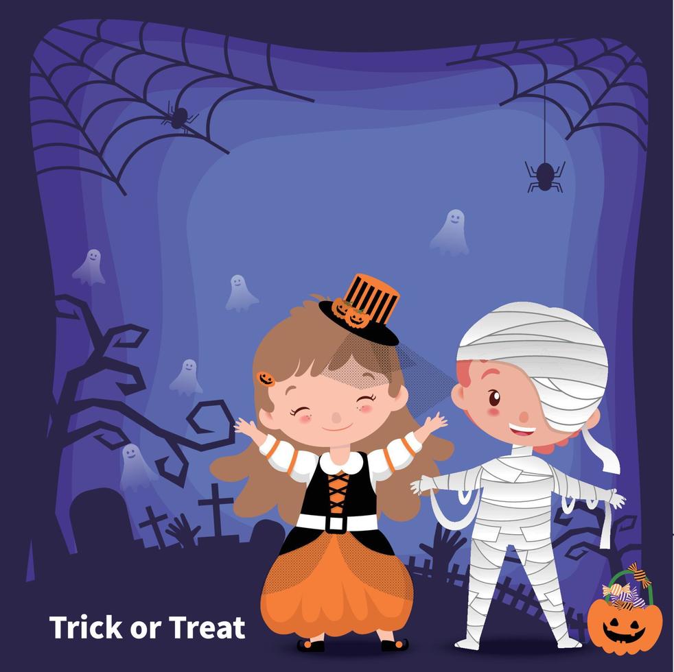 trick or treat, schattige kinderen die halloween-kaart vieren vector