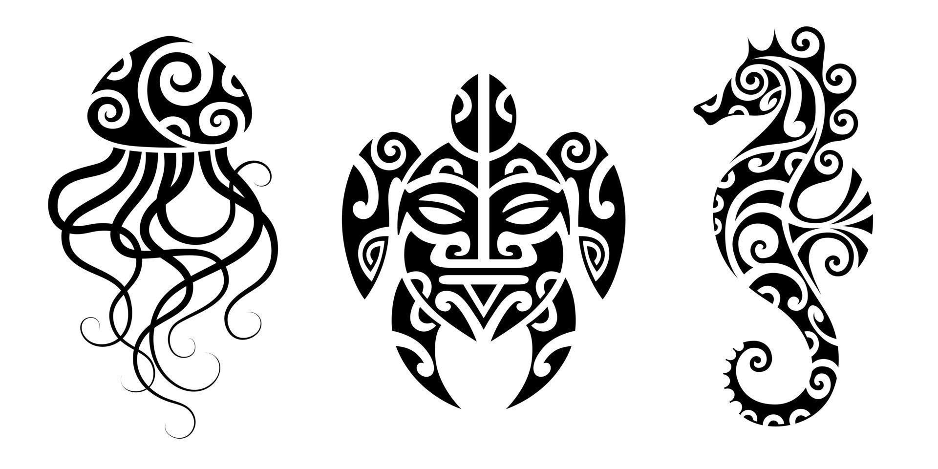 set tattoo schets maori stijl. zeedieren. schildpad, zeepaardje, kwallen. vector