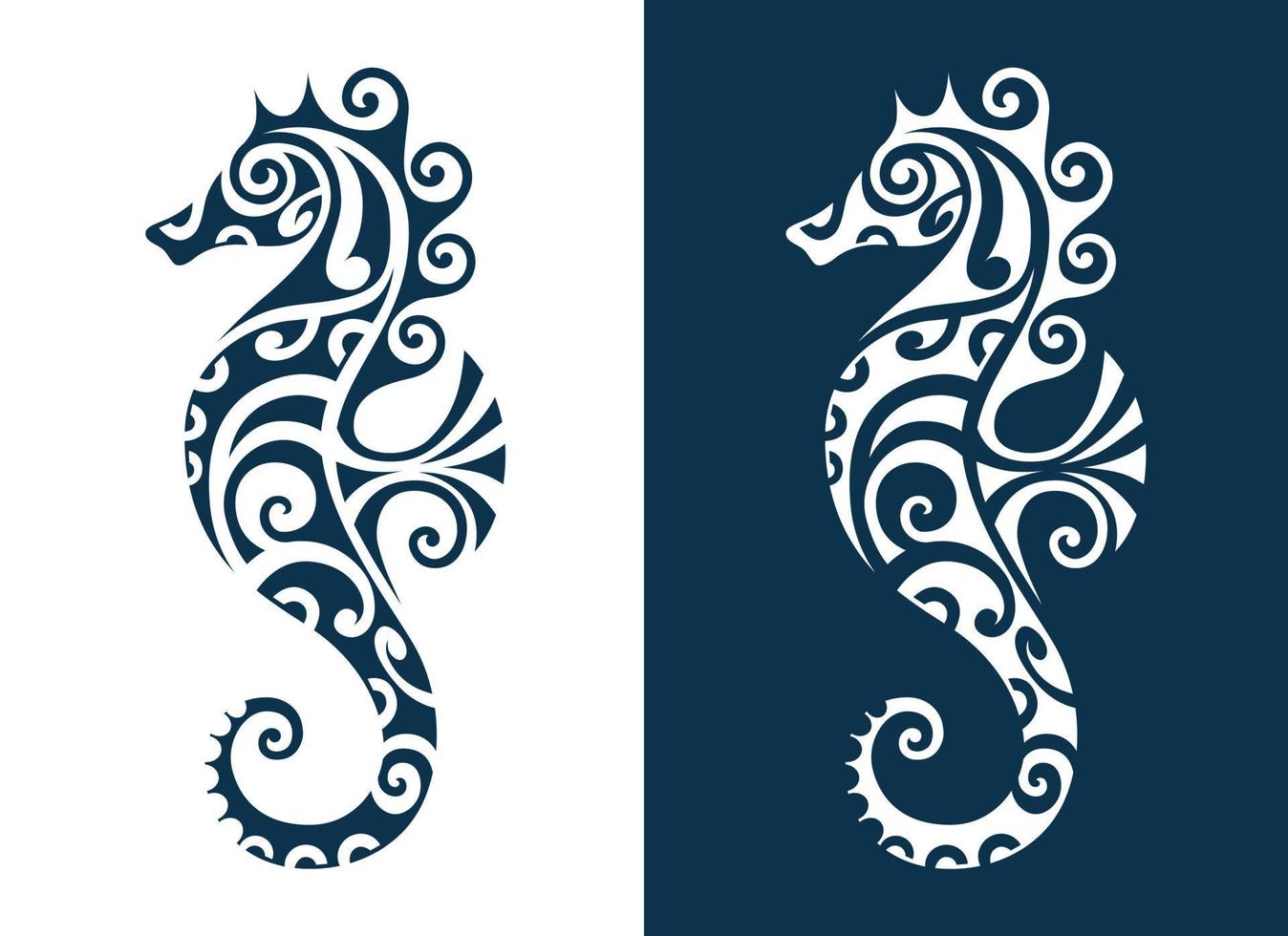 zeepaardje vector illustratie Maori-stijl tatoeage. gestileerd grafisch zeepaardje. blauw op een witte achtergrond.