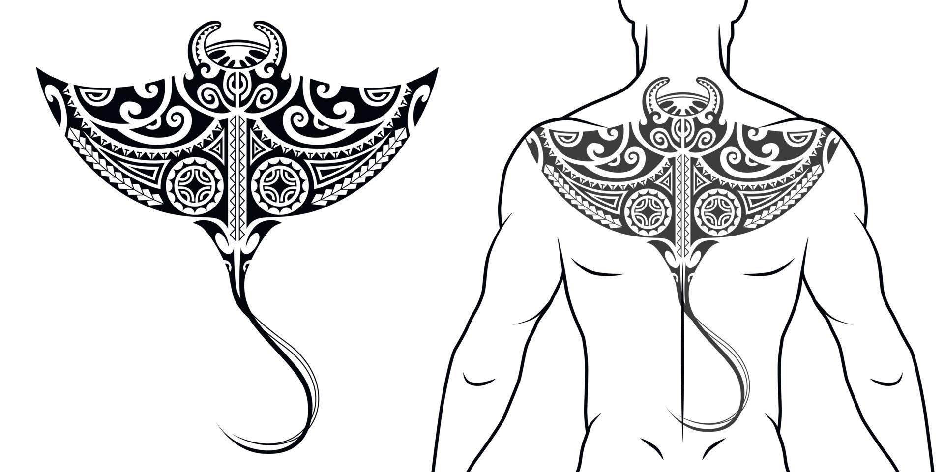 maori tribal stijl tattoo patroon met manta ray geschikt voor een rug, borst. met voorbeeld op lichaam. voor tattoo studio catalogus. vector