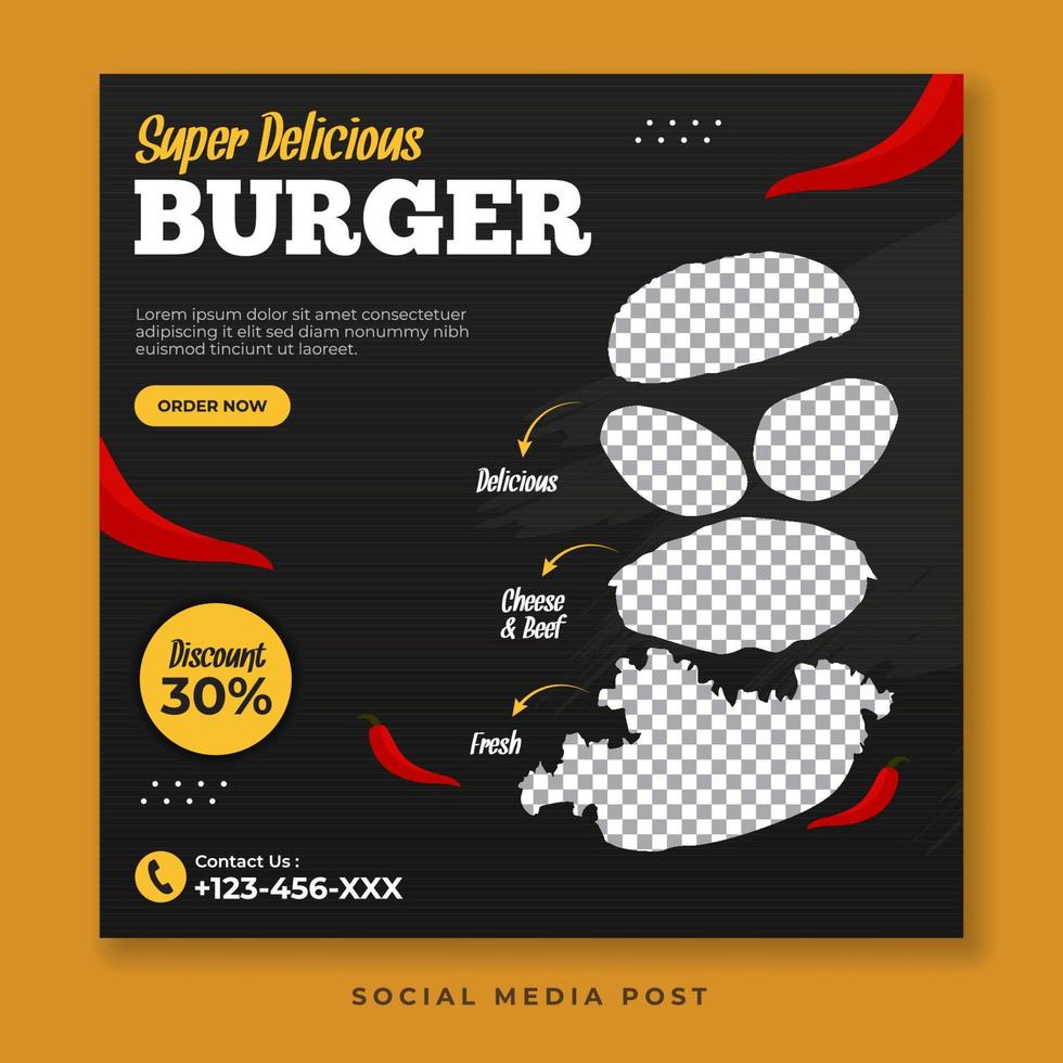 super heerlijke burger sociale media vector