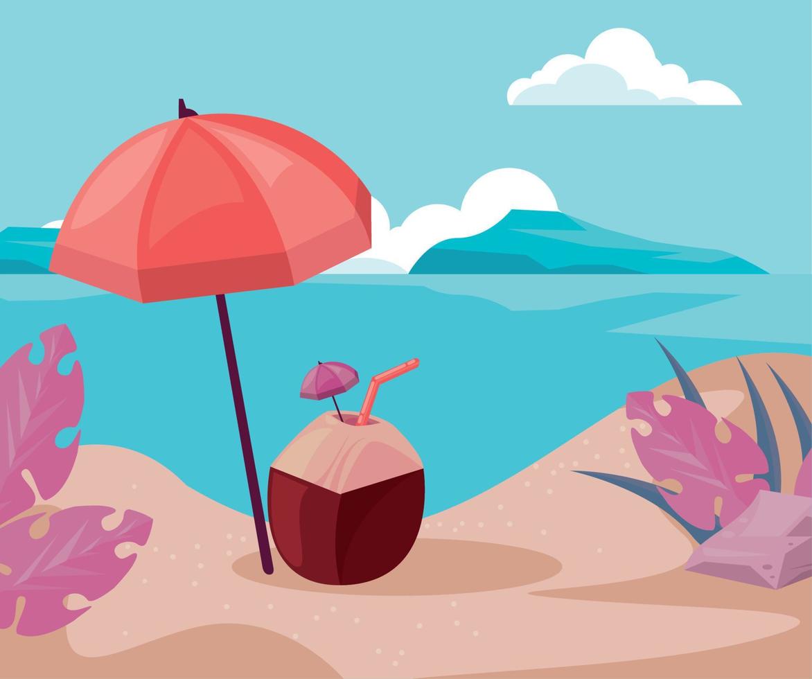 strand met parasol en kokos vector