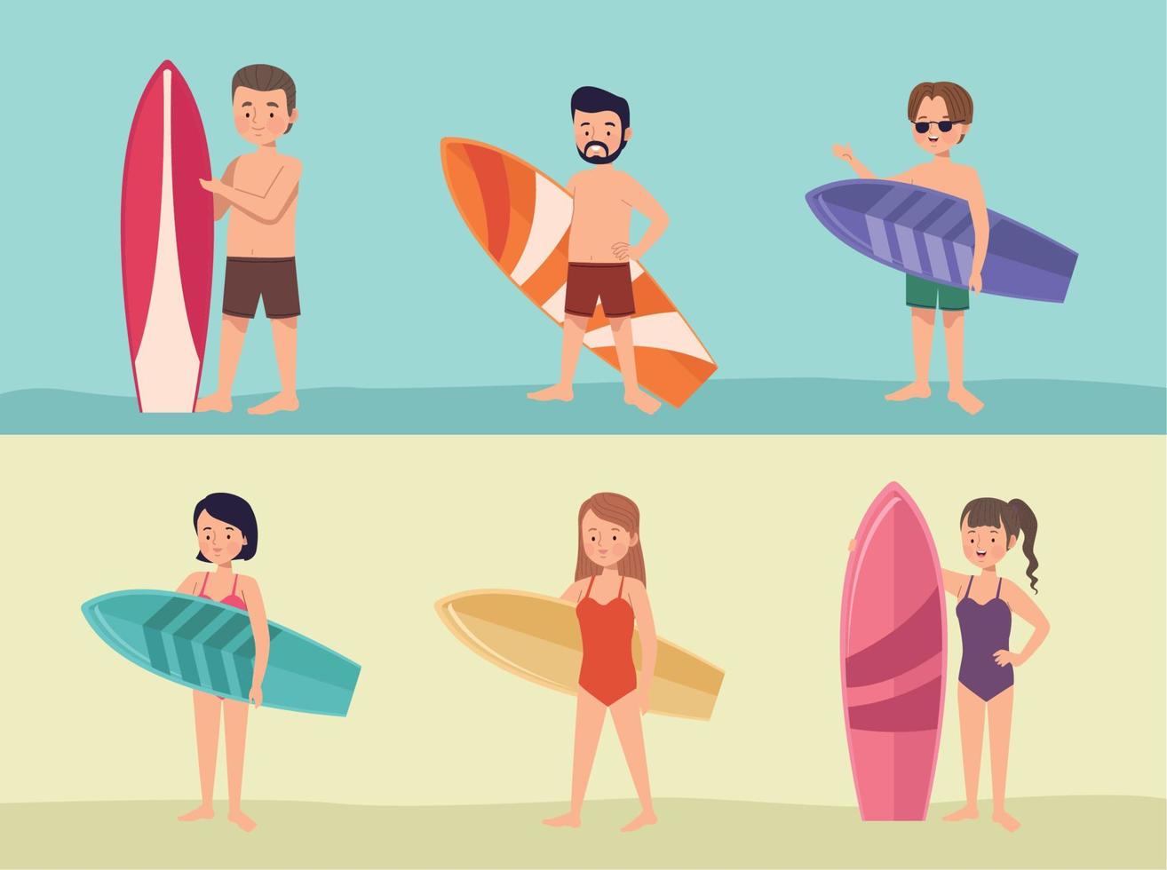 zes jonge surfers-personages vector