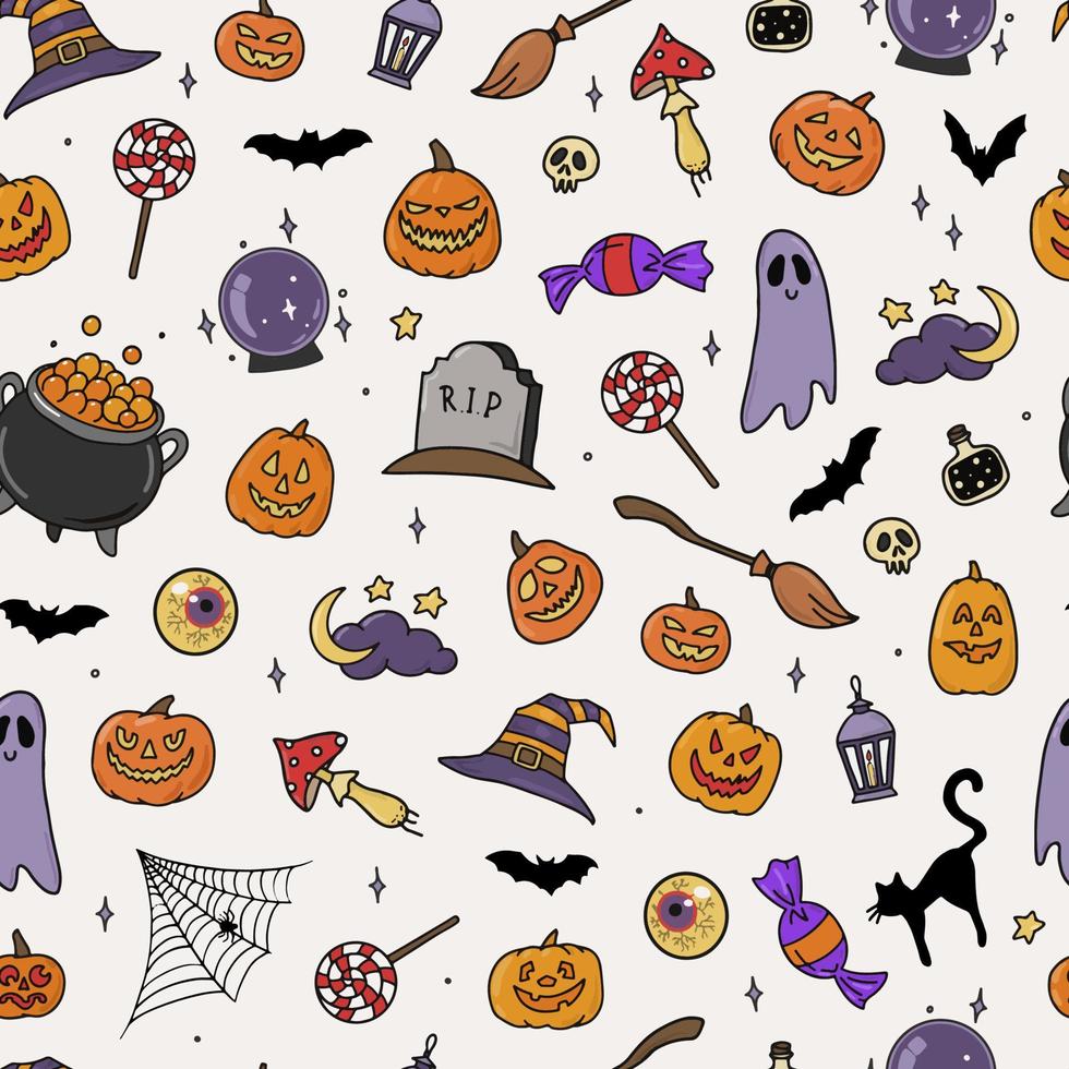 leuk naadloos halloween-patroon met krabbels voor vakantiedecor. inpakpapier, textiel en stof print, behang, scrapbooking, verpakking, etc. eps 10 vector