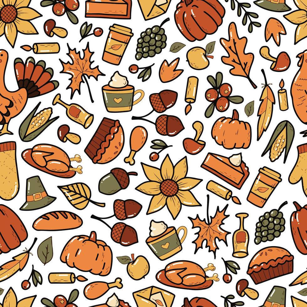 Thanksgiving naadloos patroon met handgetekende doodles voor inpakpapier, textielprints, scrapbooking, digitaal papier, sublimatie, achtergronden, enz. herfst, oogst, Thanksgiving-thema. eps 10 vector