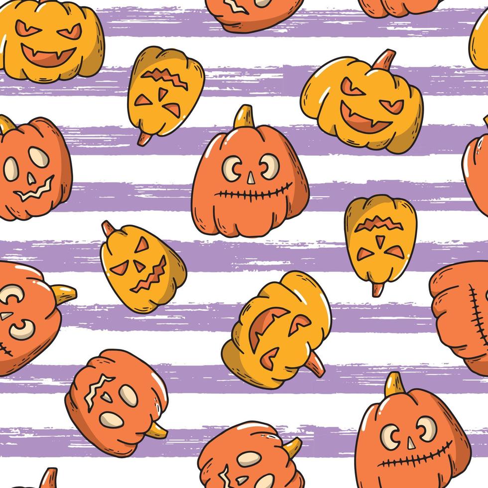 Halloween naadloos patroon op gestreepte achtergrond met pompoenen voor inpakpapier, textielprints, scrapbooking, kleding, behang, enz. grappige gezichten pompoenen. eps 10 vector