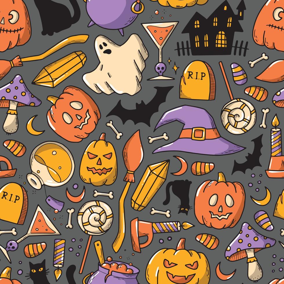 halloween naadloze patroon met doodles op grijze achtergrond. goed voor inpakpapier, textielprints, kleding, scrapbooking, digitaal papier, briefpapier, behang, enz. eps 10 vector