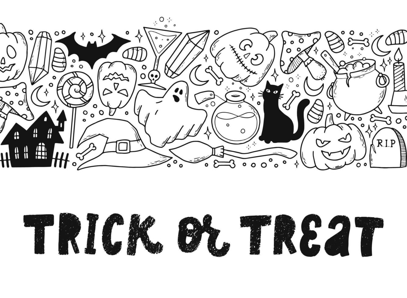 halloween-banner met belettering citaat 'trick or treat' en horizontale rand van getekende doodles. goed voor sjablonen, kaarten, uitnodigingen, posters met kopieerruimte, kleurplaten, enz. eps 10 vector