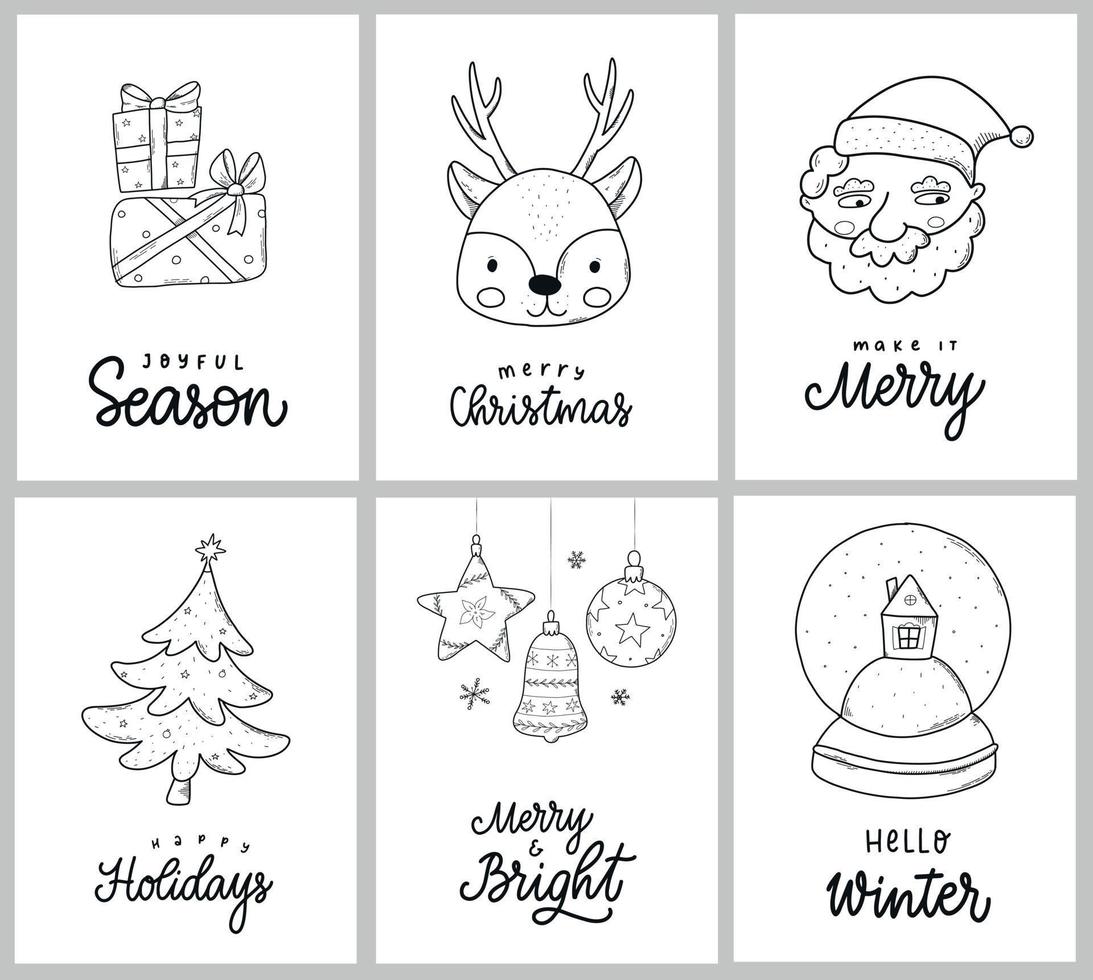 set kerstkaarten, posters, prenten, uitnodigingen, stickers, kinderkamerinrichting, enz. Handgetekende cartoonkrabbels met citaten uit de letters. eps 10 vector