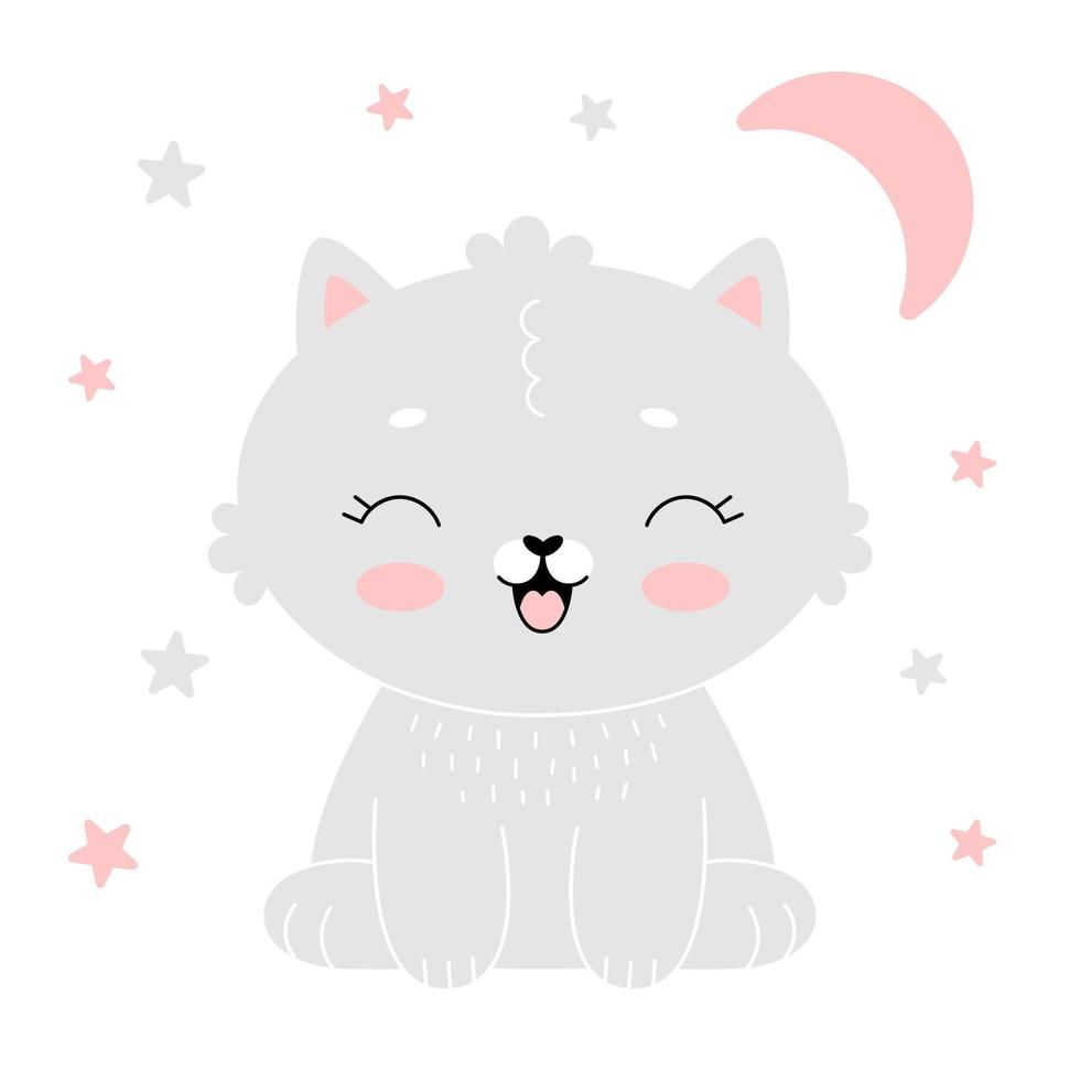 babykamerposter met schattig grijs katje met roze maan. eenvoudige vectorillustratie geïsoleerd op een witte achtergrond vector