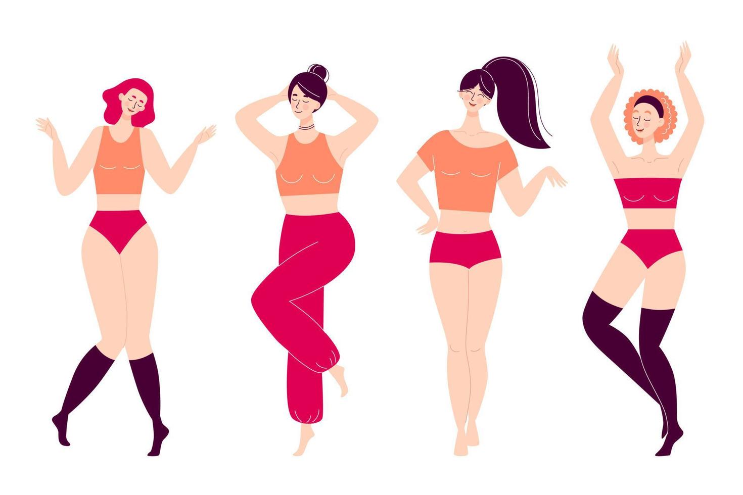set van dansende gelukkige jonge vrouwen. disco, sportactiviteit, fitness, beweging. liefde voor jezelf en je lichaam. illustratie in vlakke stijl geïsoleerd op een witte achtergrond vector