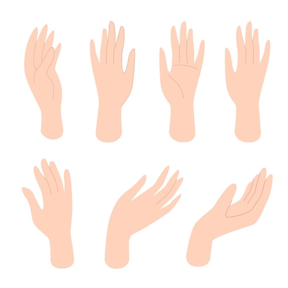 set van vrouwelijke handen met verschillende gebaren. menselijke lichaamsdelen, lichaamsverzorging, vrouwelijke schoonheid. vectorillustratie in vlakke stijl geïsoleerd op een witte achtergrond vector