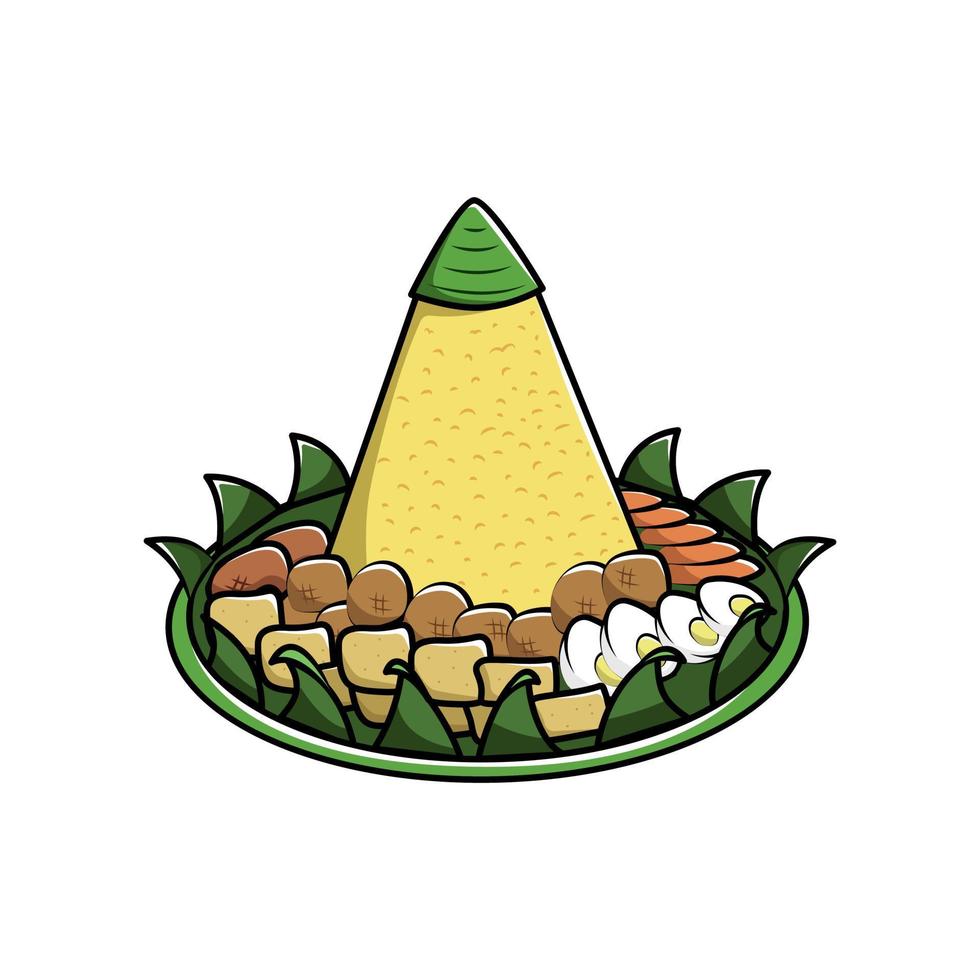 platte vectorillustratie van nasi tumpeng of nasi kuning traditionele gerechten van Indonesië. Aziatisch eten gele rijst in kegelvorm met eieren, tofu en gebakken kip in bananenblad vector