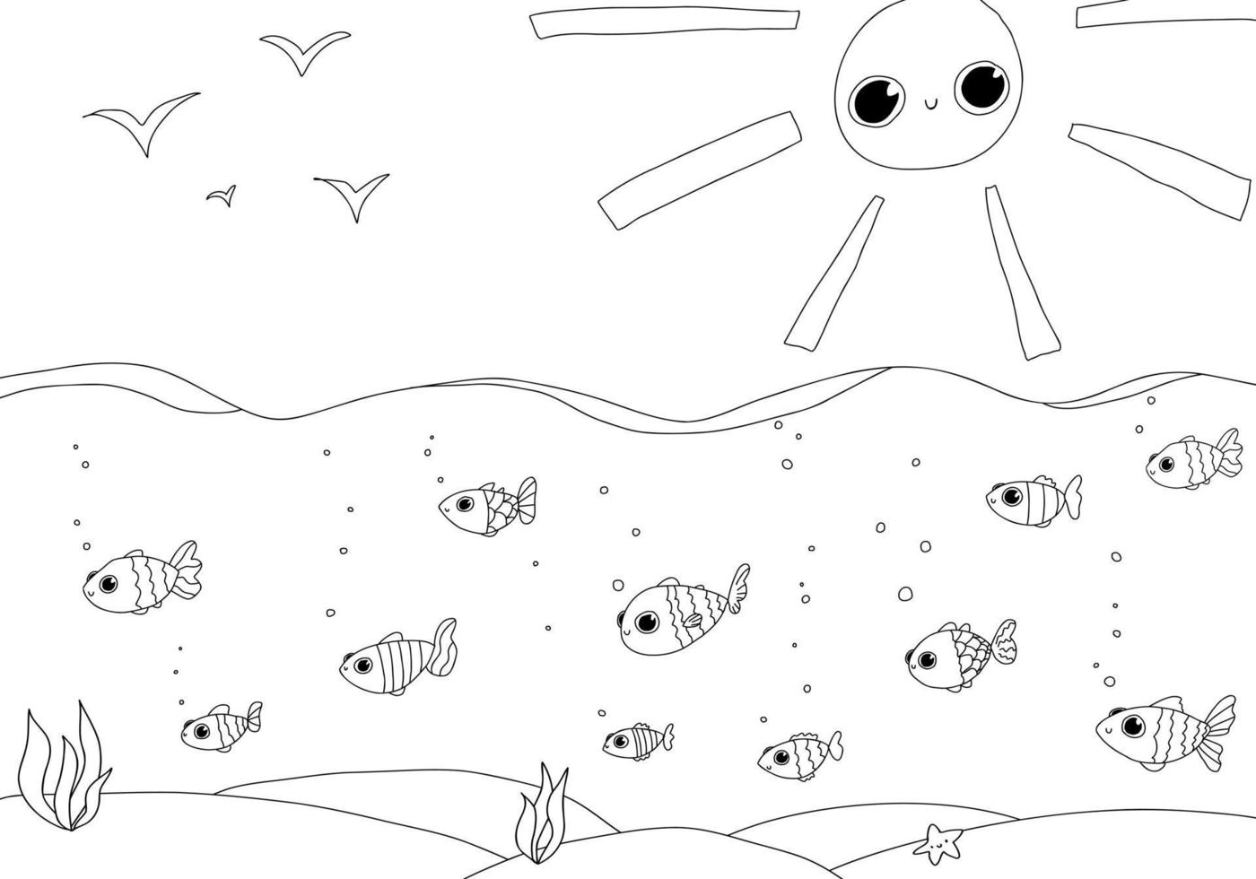 schattige baby vissen in zee geïsoleerde lijn set, doodle kleurboek. hand getekende vector illustraties collectie schets.