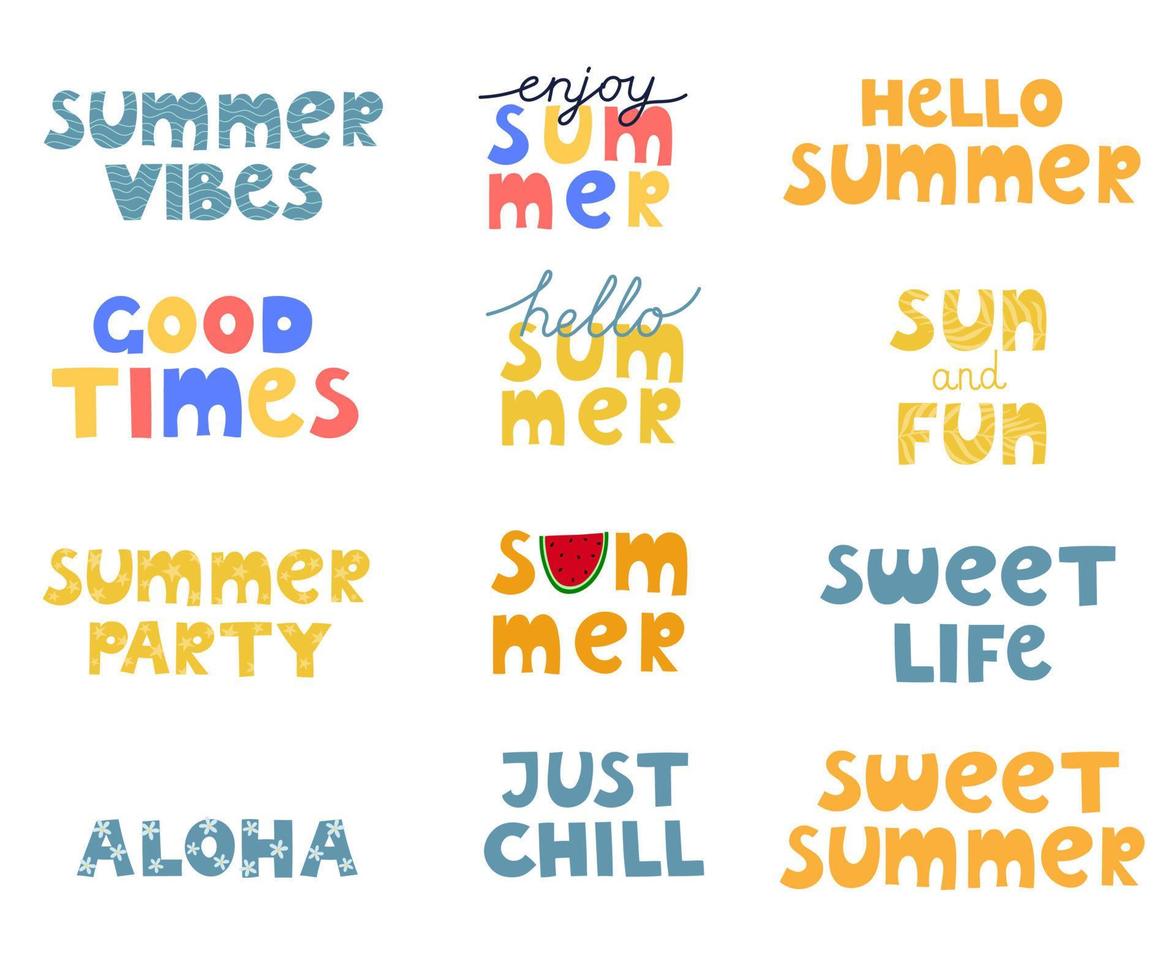 zomer belettering collectie. sjabloon voor zomerontwerpafdruk, poster, spandoek, ansichtkaart, wenskaart vector