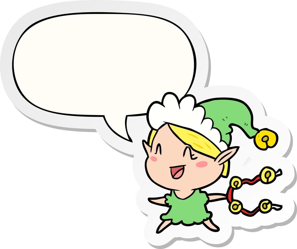 cartoon happy christmas elf en tekstballon sticker vector