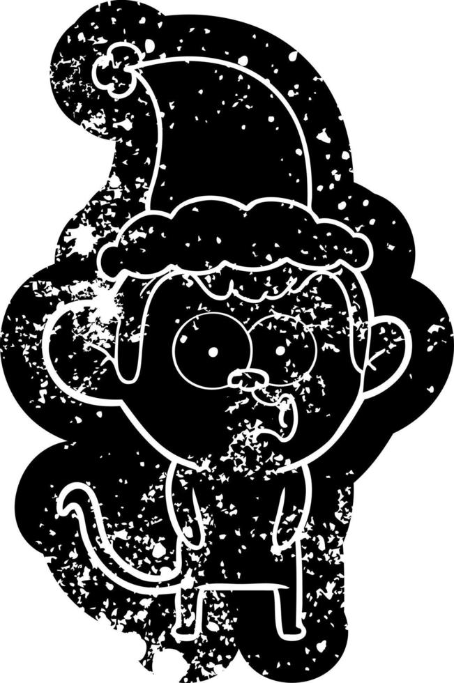 cartoon noodlijdende icoon van een joelende aap met een kerstmuts vector