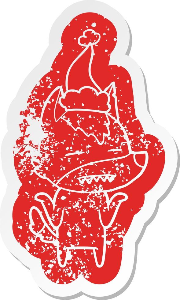 cartoon noodlijdende sticker van een wolf met tanden die een kerstmuts dragen vector