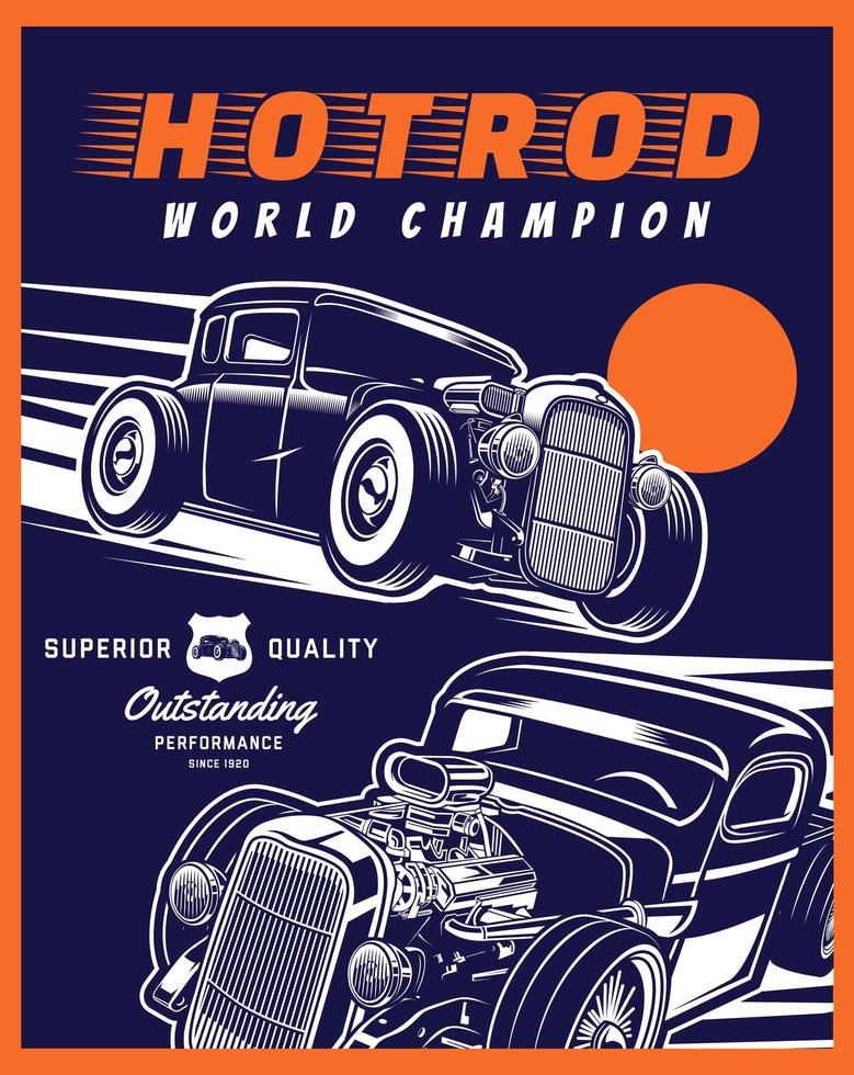 blauwe en oranje hot rod poster vector