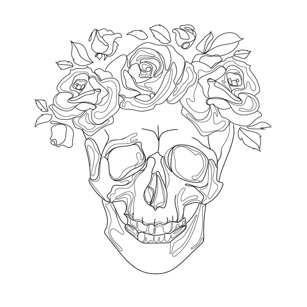 menselijke schedel in krans met bloemen rozen lijntekeningen tekening in abstracte stijl, vector illustration.hand getrokken schets menselijke skull.t-shirt print, tattoo idee, embleem, logo ontwerp in mystieke stijl