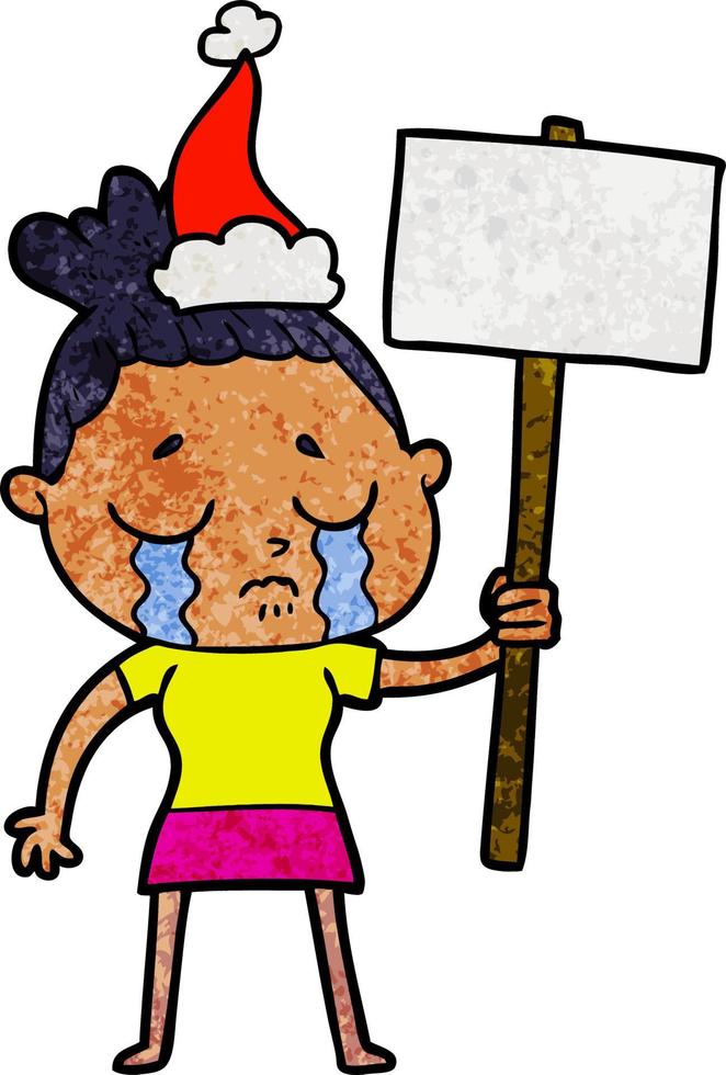 getextureerde cartoon van een huilende vrouw met protestbord met een kerstmuts? vector