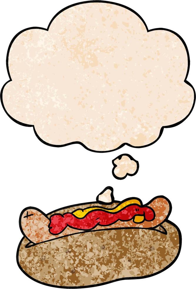 cartoon hotdog en gedachte bel in de stijl van het textuurpatroon van de grunge vector