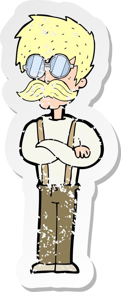 retro noodlijdende sticker van een cartoon hipster man met snor en bril vector