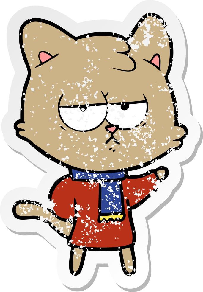 verontruste sticker van een verveelde cartoonkat in winterkleren vector