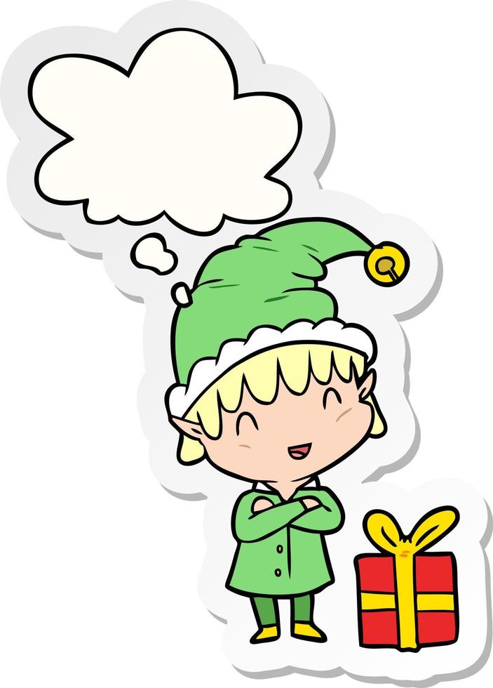 cartoon happy christmas elf en gedachte bel als een gedrukte sticker vector