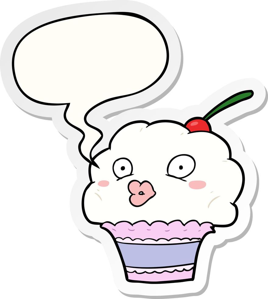 grappige cartoon cupcake en tekstballon sticker vector
