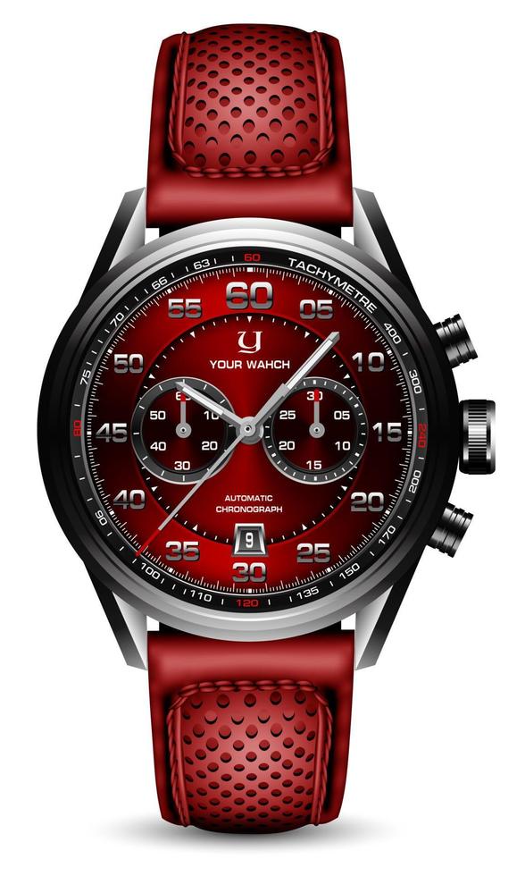 realistische klok horloge sport chronograaf zwart zilver rood stalen lederen band voor mannen luxe op witte achtergrond object vector