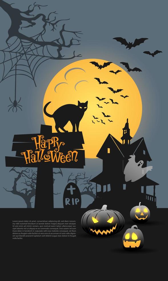 happy halloween trick or treat night party poster oranje maan op grijs ontwerp voor vakantie festival viering vector