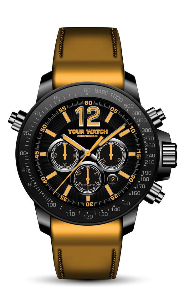 realistisch horloge klok chronograaf zwart staal gezicht grijs geel nummer pijl lederen band op wit ontwerp klassieke luxe mode voor mannen vector