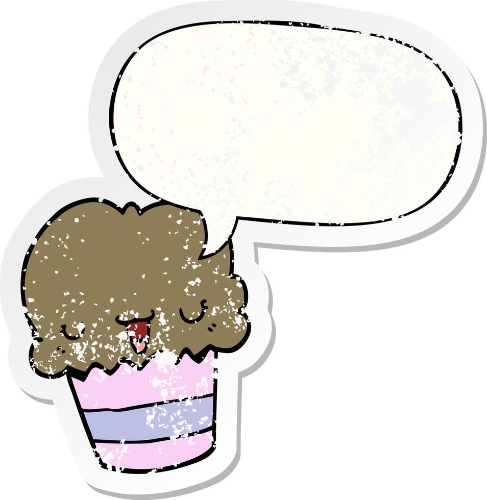 cartoon cupcake en gezicht en tekstballon verontruste sticker vector