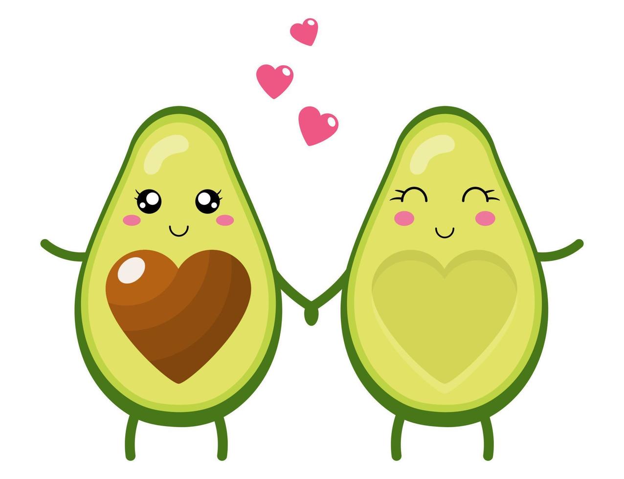 grappig gelukkig schattig gelukkig lachend paar verliefde avocado. schattige cartoon avocado paar hand in hand. Valentijnsdag wenskaart. vectorillustratie voor elk ontwerp. vector