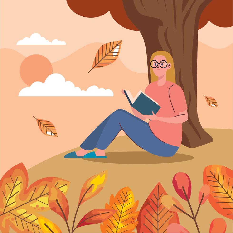 vrouw leest boek herfstscène vector
