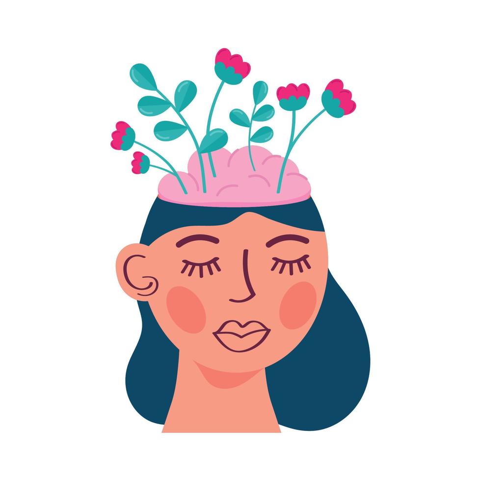 vrouw met bloemen in de hersenen vector