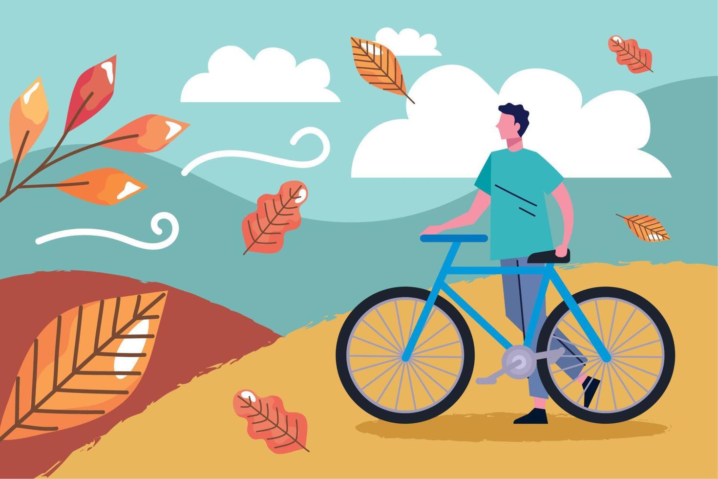 man rijden fiets in herfst landschap vector