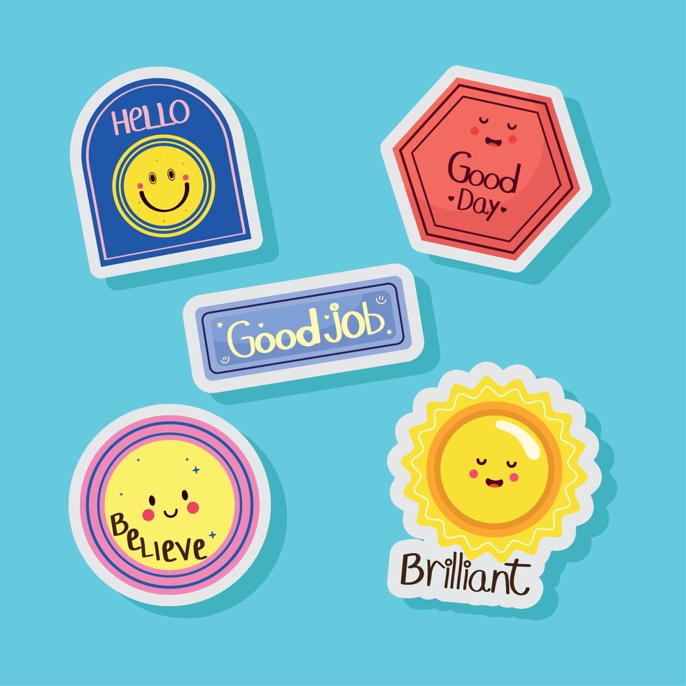 vijf positieve stickerspictogrammen vector