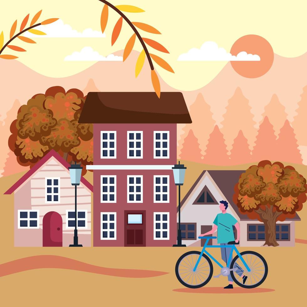 man met fiets in herfstlandschap vector