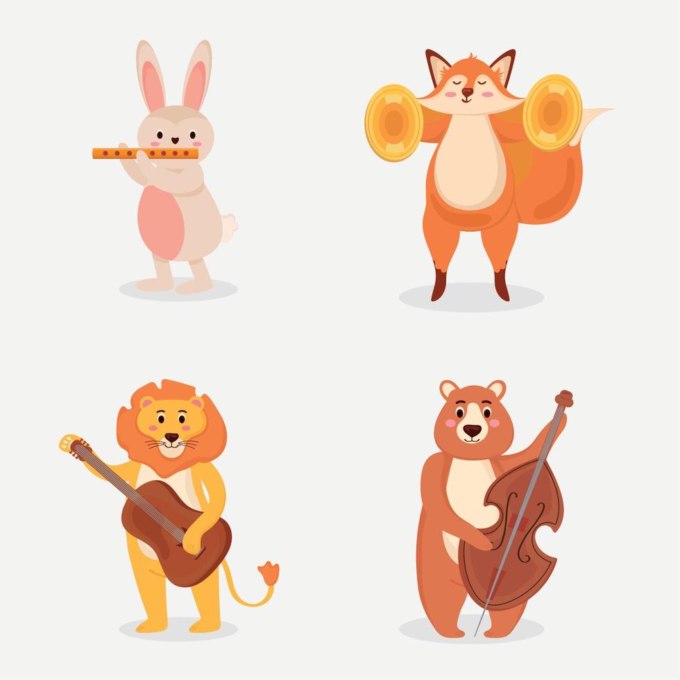 vier schattige dieren die instrumenten bespelen vector