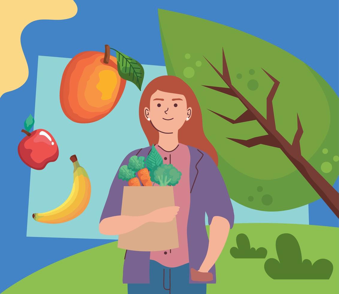 vrouw met fruit in boerderij vector