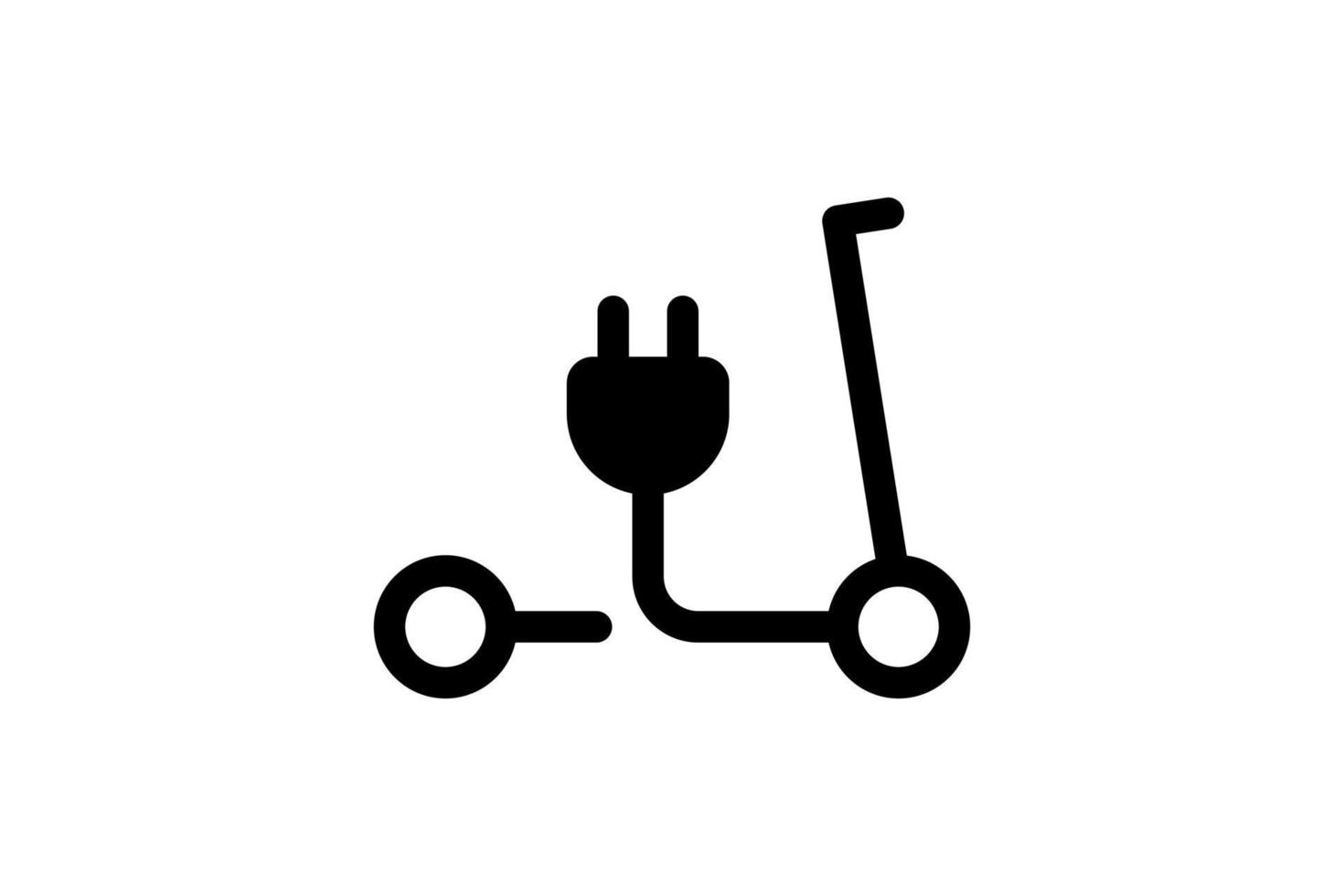 elektrische duw scooter icoon. zwarte kabel elektrische kick e-scooter contour en plug-oplaadsymbool. eco vriendelijke elektro voertuig teken concept. vector batterij aangedreven vervoer eps illustratie