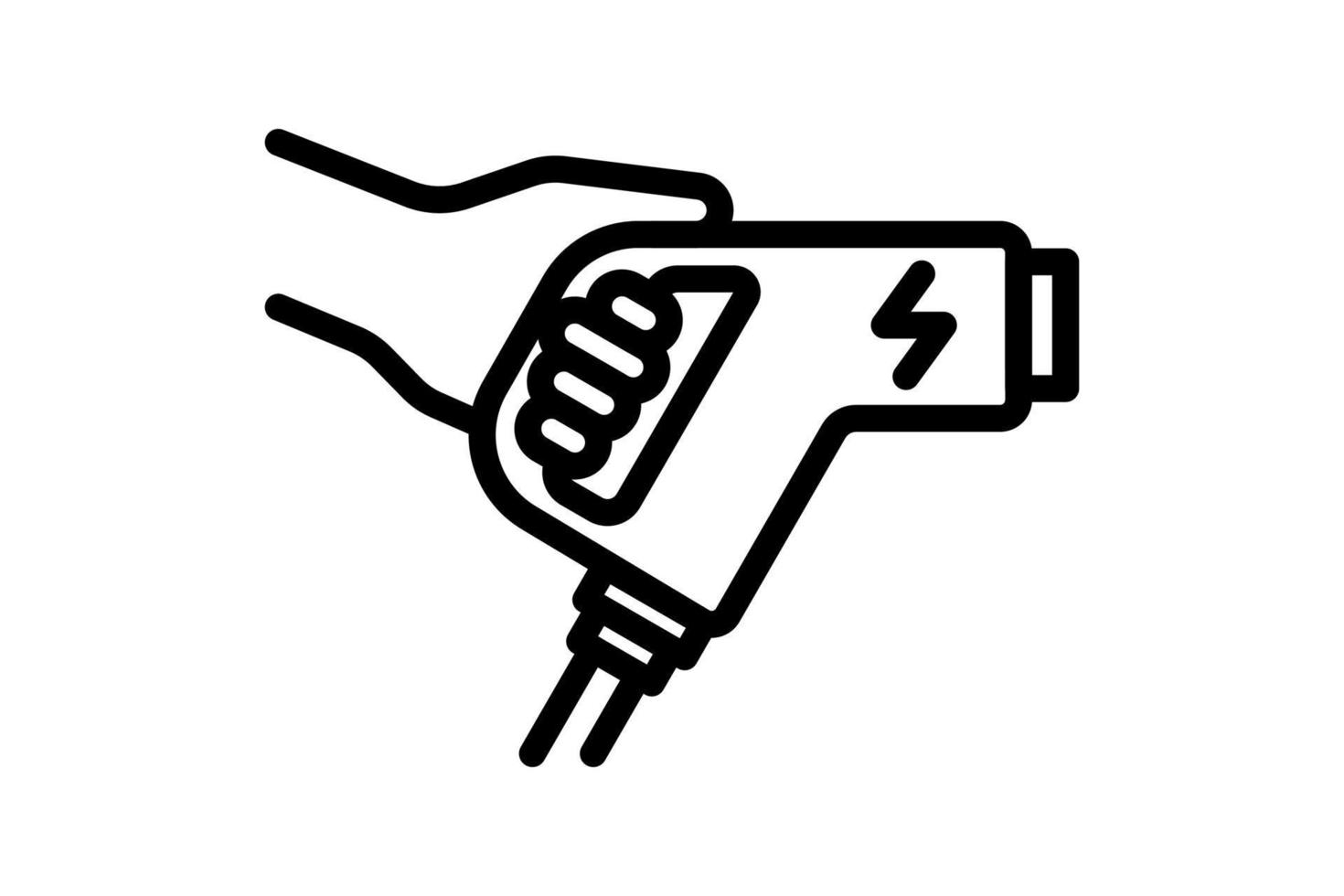 hand met elektrische oplader connector lineair zwart pictogram. elektrisch vervoer energie opladen stekker symbool. eco-vriendelijk elektrisch voertuiglaadbord. batterij aangedreven ev transportstation logo vector