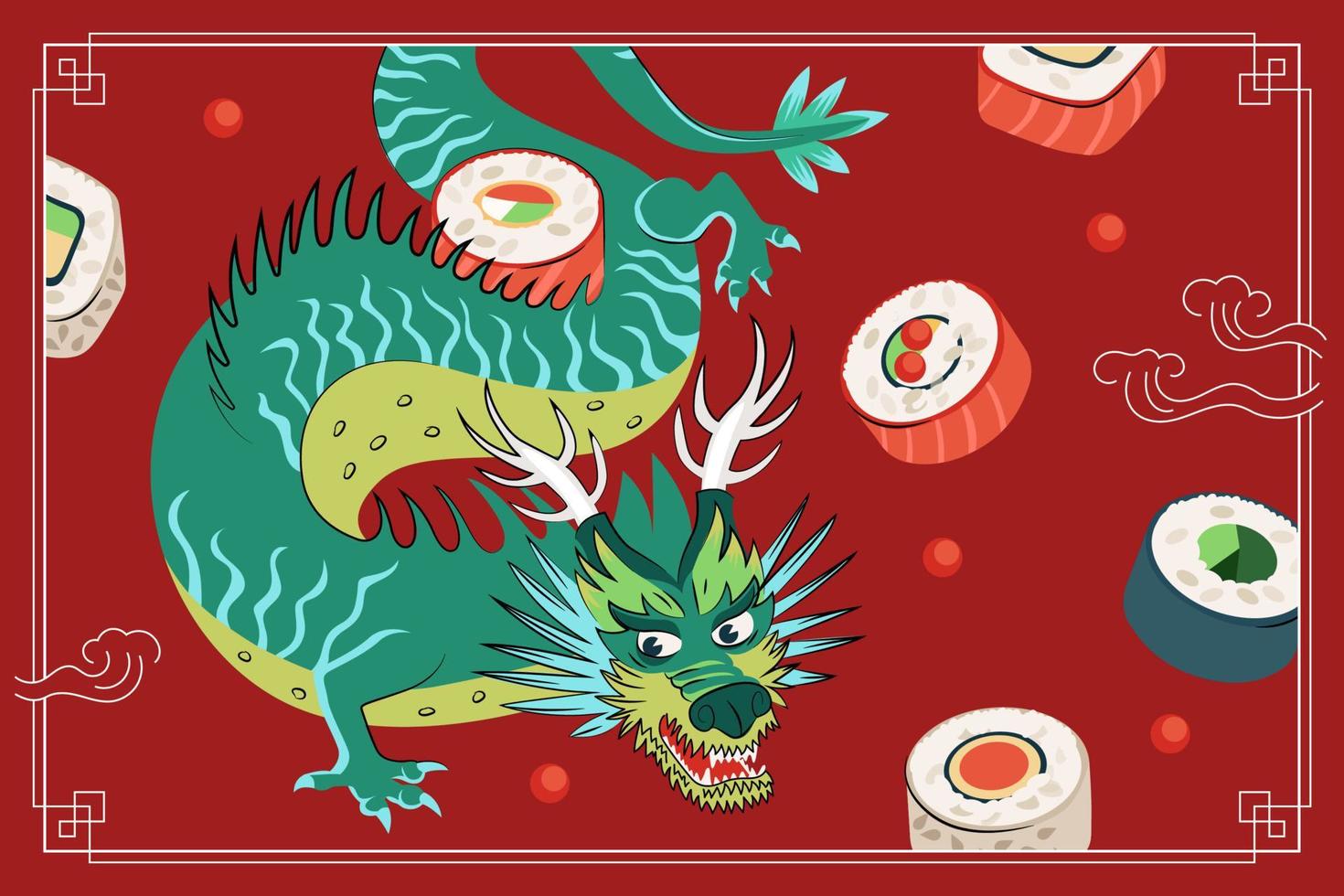 japans eten maki sushi tekening posterontwerp. Japans nationaal gerecht rijst en rauwe zeevruchtenbroodjes. sushibar reclamebanner. aziatisch restaurantmenu of flyerdecoratie met azuurblauwe draak. vector eps