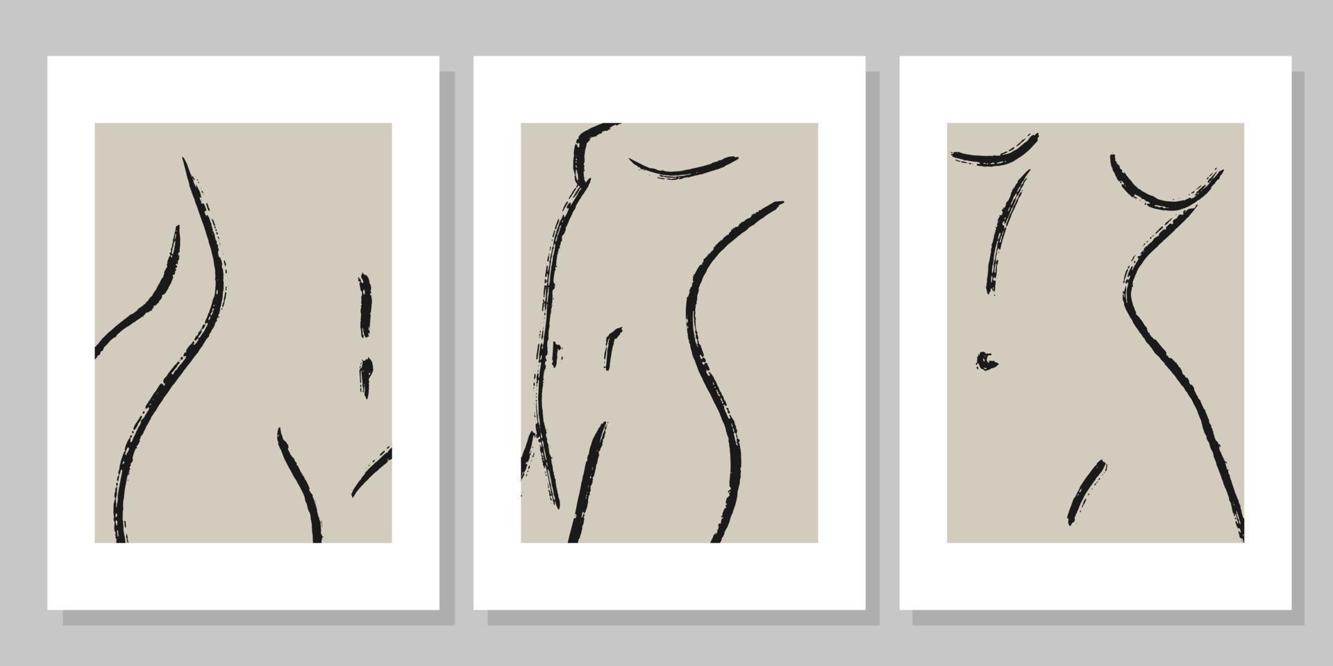 trendy lijn kunst vrouw lichaam prints set. vrouwelijke figuur hedendaagse esthetische poster. modern Scandinavisch design. naakte lichaamskunst. minimalistische zwarte lijnen tekenen. vector