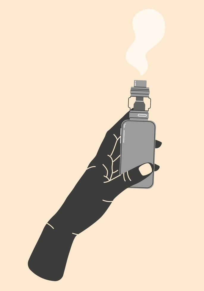 hand met vape, kleur illustratie. elektronische sigaretten en vape concept. moderne vectorillustratie. verscheidenheid aan ontwerpen vape-pennen en pod-mods. plat vectorontwerp voor web. vector