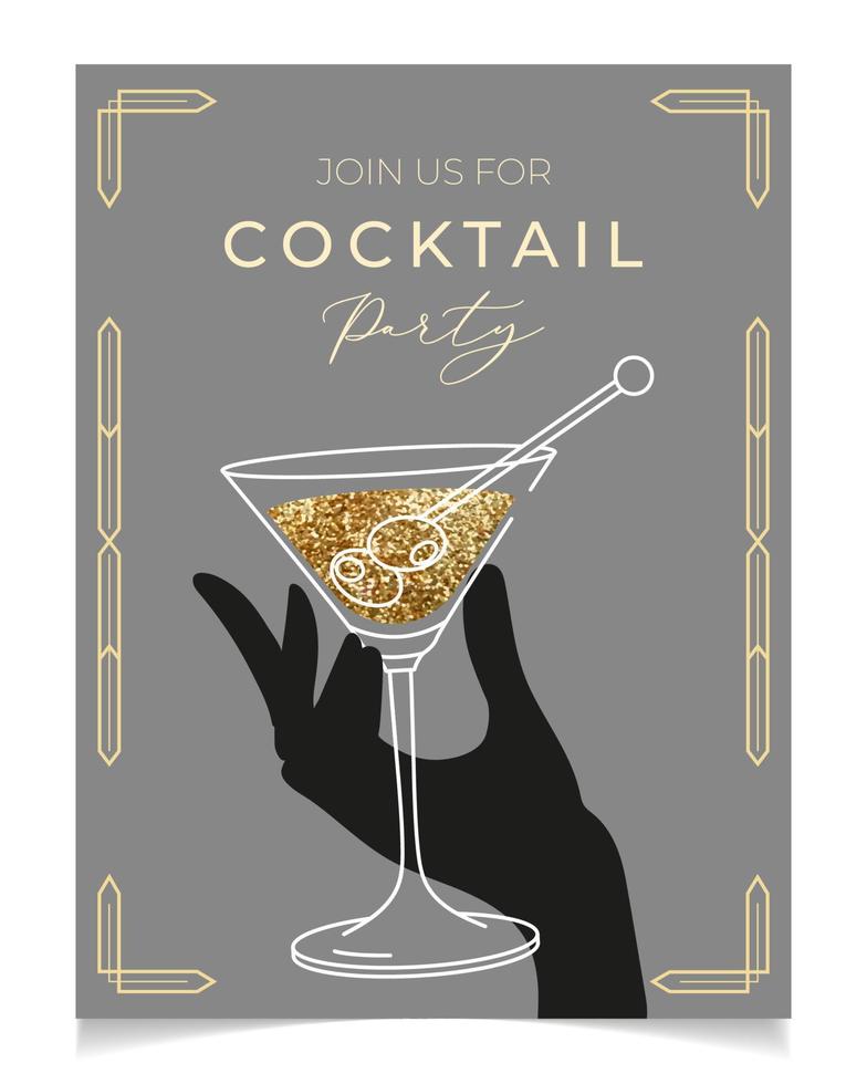 schets illustratie van vrouw hand met cocktailglas, vector. uitnodiging voor partijsjabloon. lijn kunst martini glas. art deco-conceptontwerp. evenement, feest, presentatie, promotie, menu. vector